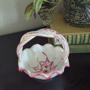 Vintage Portuguese Pink Floral Ceramic Basket